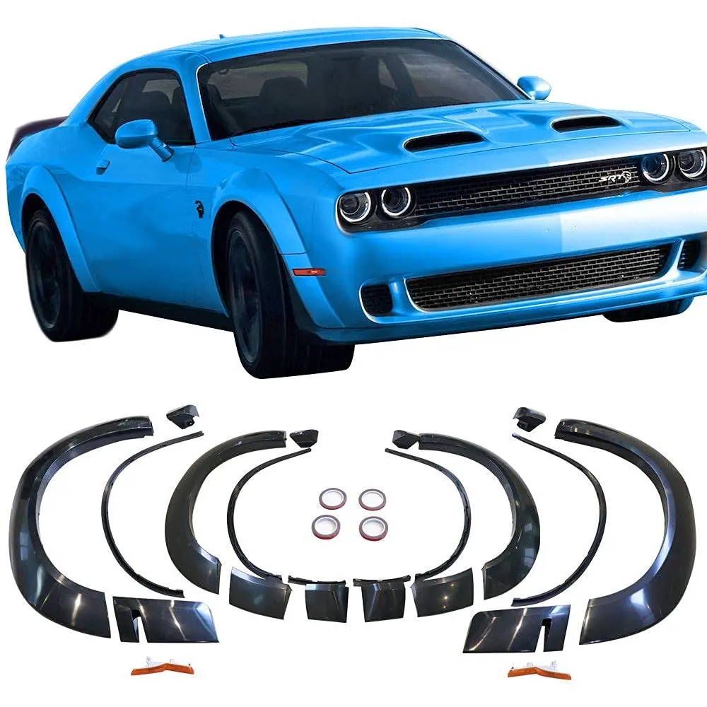 NINTE Unpainted Flexible Polypropylene Lightweight Demon Style Fender Flares Kit - Aggressive Wide Body Bolt-On Fit with Adhesive Tape for 2015-2023 Dodge Challenger SRT Hellcat, 4-Piece Set for Factory-Widebody Look Car Exterior Accessory
