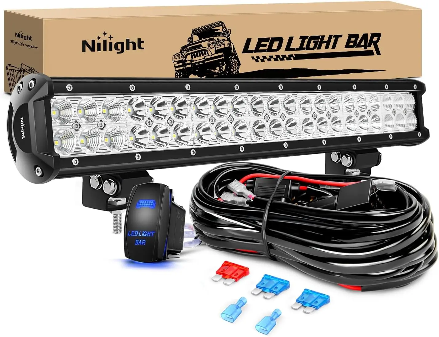 Nilight 20-Inch 126W Aluminum LED Work Light - 8820lm Spot-Flood Combo Light Bar, 12V 5-Pin Rocker Switch, Wiring Harness for Off-Road Cars, Ships, Yachts, Bracket Mount LED Lighting Spotlights & Spotbars