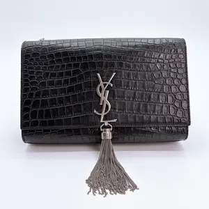 Pre-owned Yves Saint Laurent YSL Saint Laurent Calfskin Crocodile Embossed Medium Classic Monogram Kate Tassel Satchel Black