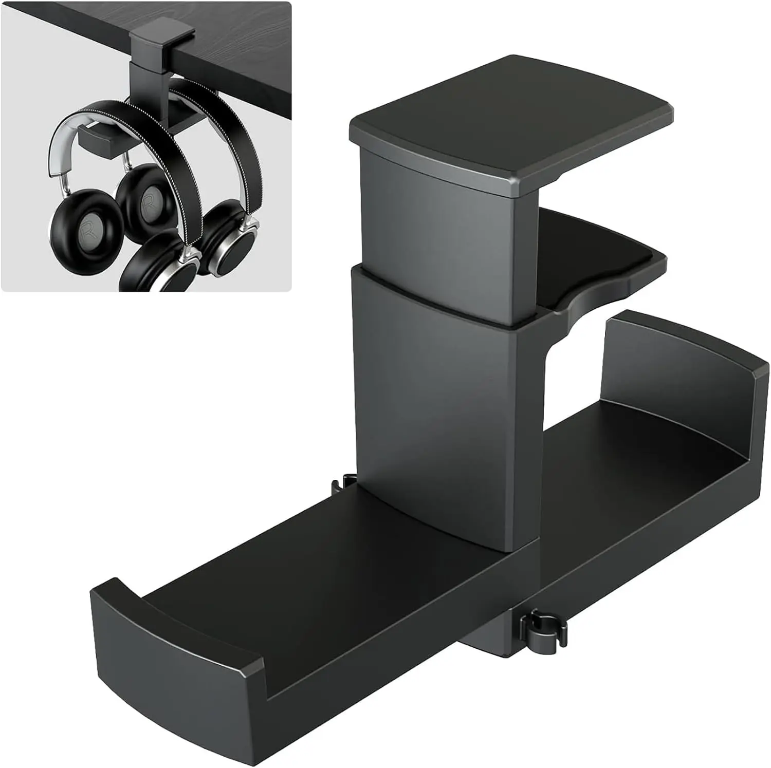 Dual Headphone Stand Holder -  2 in 1 count Gaming Headset Hooks, 360  Rotating Headphone Hanger with Adjustable Clamp &  Clip Organizer, Headset Mount Under Desk Earphone Clamp-Black