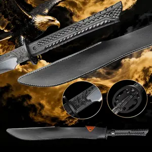 Tactical Straight Sword-1060 High Carbon Steel, Hot Tempered, Hand Forged, Authentic Samurai Sword with Tactical Design, Leather Sheath, Shoulder Strap, Multi functional Outdoor Use, Full Handle, No Sharpness, Best Gift