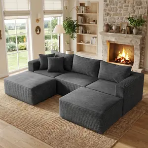Garaneeds 110" Modular Corduroy Sectional Sofa – Ultra-Soft Cloud-Like Deep Seat, 5-Seater U-Shape, Movable Ottomans Included, No Assembly, Machine Washable Covers