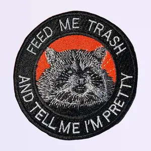 Feed Me Trash And Tell Me I'm Pretty Raccoon Patch 3x3 inch Common Raccoon Embroidered Iron On Sew On Hook Backing for Jackets Backpacks or Hats