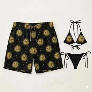 Cute Retro Sun Matching Couple Swimwear, Black String Bikini Set with Men’s Beach Swim Shorts for Summer Vacation, Set Bikini