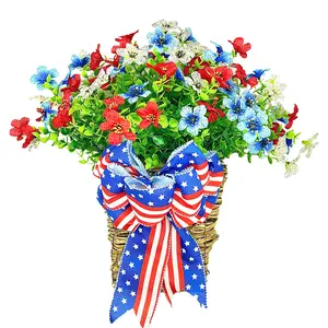 Patriotic Artificial Flower Basket with Flag Bow - 13.78" × 12.99" Red White Blue Design, Great for Independence Day, National Day & Front Door Decor