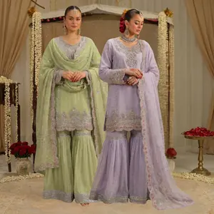 R-60 Luxury Chiffon Handwork Gharara Set with Embroidered Shirt & Dupatta | Semi-Formal Pakistani Party Wear