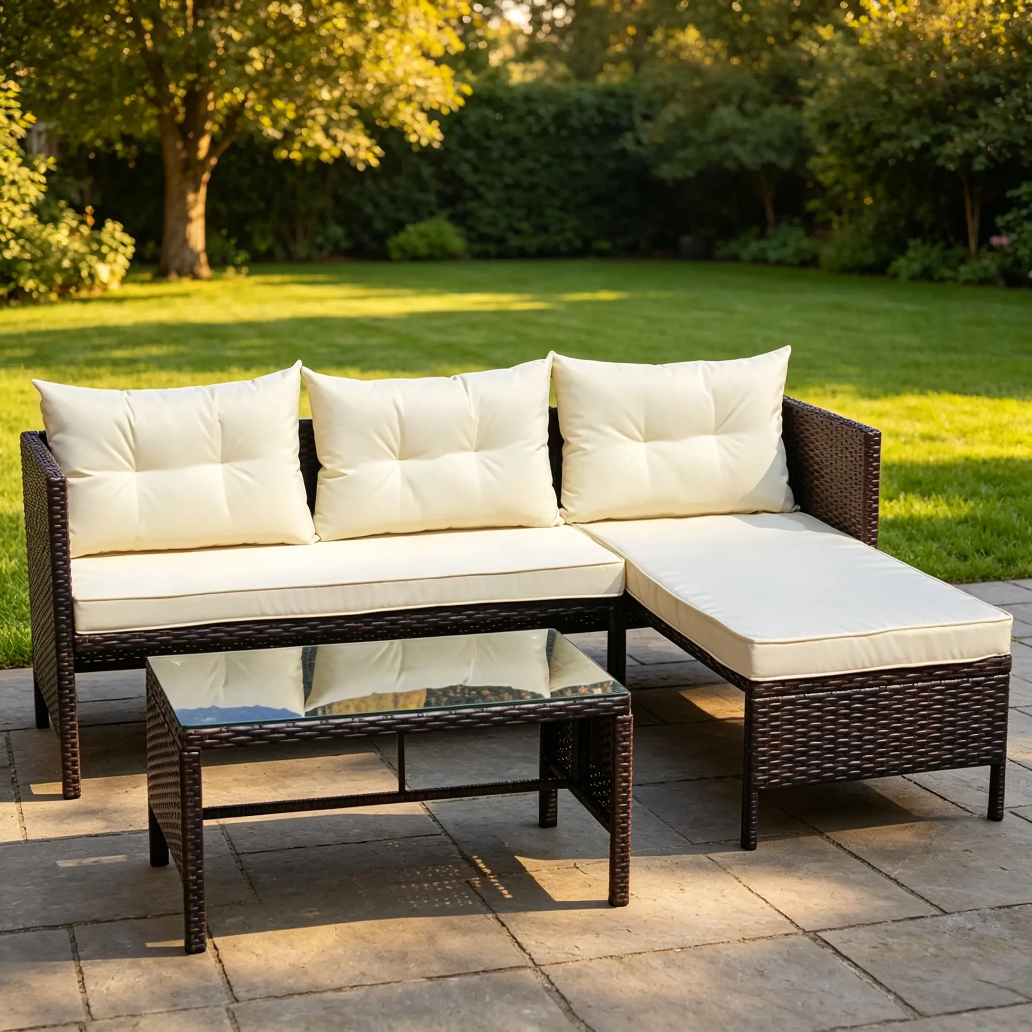 3-Piece Outdoor Patio Wicker Conversation Set, Sectional Rattan Sofa with Beige Seat Cushions