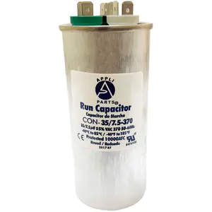 Appli Parts Dual Run Capacitor for ac 35+7.5 Mfd uF (microfarads) 370VAC CBB65 Round Universal fit for hvac and other applications 2 in Wide 4-3/4 in Height CON-35/7.5-370-R