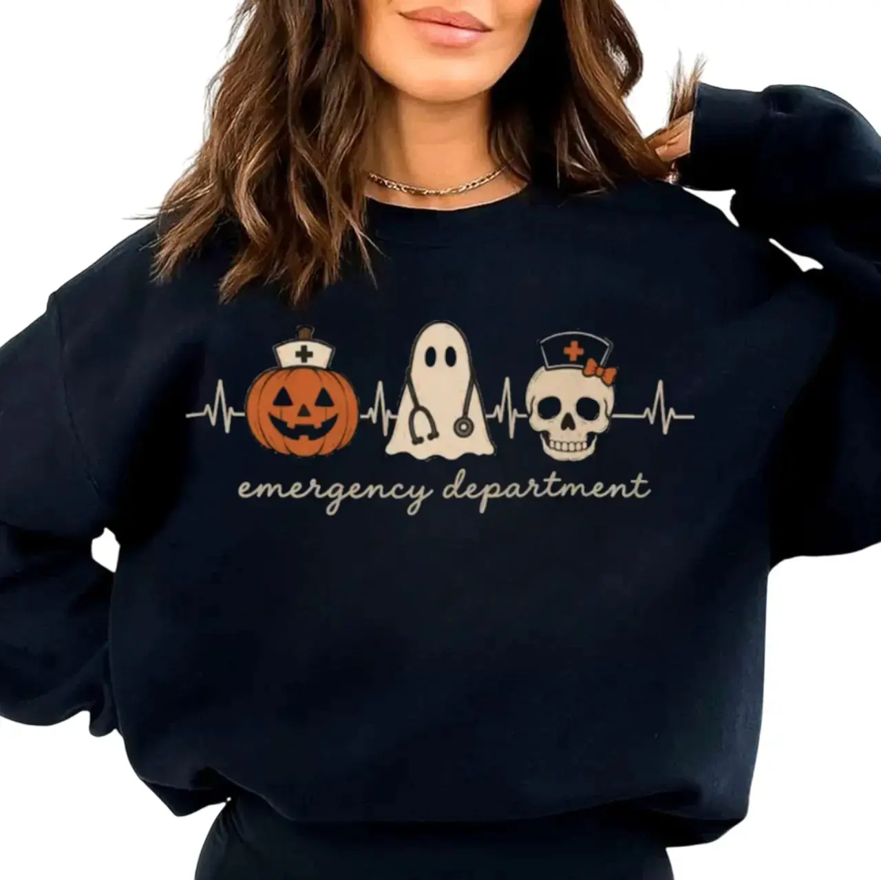 Women's Spooky ER Nurse Halloween Sweatshirt, Casual Tops - All-Seasons Loose-Fit Oversized Cut Polyamide Night Shift Crew Emergency Room Themed Top