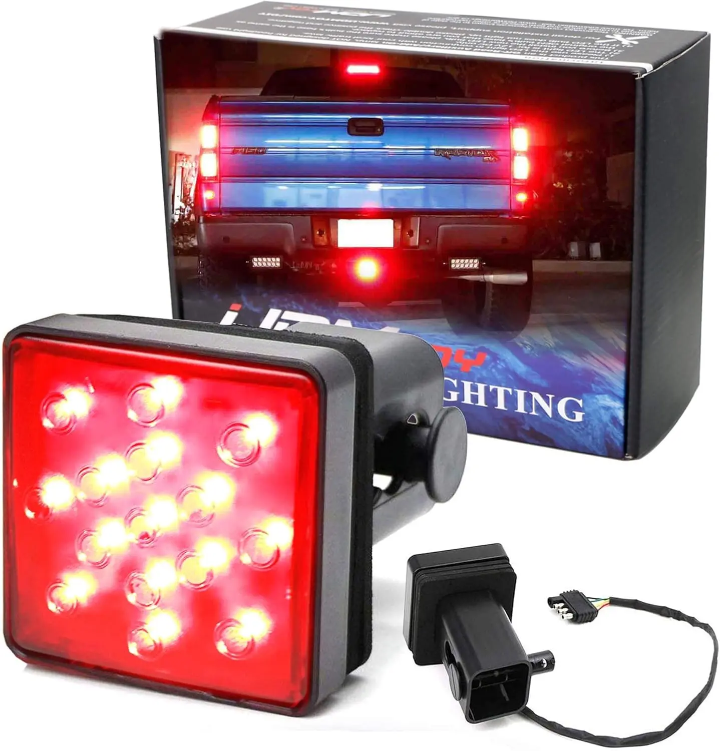 Red Lens 15-LED Tow Hitch Receiver Brake Tail Light w/Strobe Feature Compatible With Truck SUV Trailer Equipped Class 3/4/5 2-Inch Towing Adapter Hole
