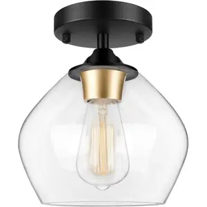 Modern Semi Flush Mount Ceiling Light with Clear Glass Shade, Industrial Close to Ceiling Light, Black Hanging Ceiling Light Fixture for Hallway, Bedroom, Dining Room, Entryway, Foyer