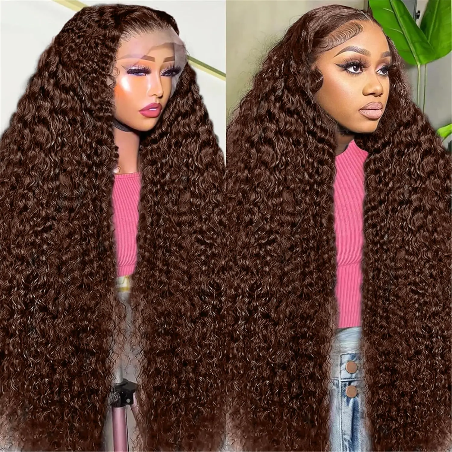 200% Density 13X6 Chocolate Brown Deep Wave Lace Front Wigs Human Hair Curly Wig HD Lace Front Wig Pre Plucked 100% Real Human Hair  No Tangle No Shedding #SummerVibes