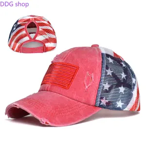 Women Ponytail Baseball Cap, Ripped Embroidery American Flag Hat, Washed Cotton Adjustable Velcro Truck Cap, Casual Sun Shade Headwear for Daily Outdoor Wear