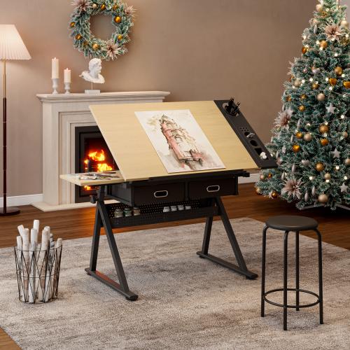 Bellemave  Adjustable drawing drafting table desk with 2 drawers for home office and school with stool