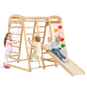 VEVOR Indoor Jungle Gym, 7-in-1 Toddler Indoor Playground, 43 x 47.2 x 47 inch, with Wood and Rope Ladder, Net Ladder, Swing, Monkey Bar, Slide, Climbing Wall, Wooden Indoor Climbing Toys for Kids