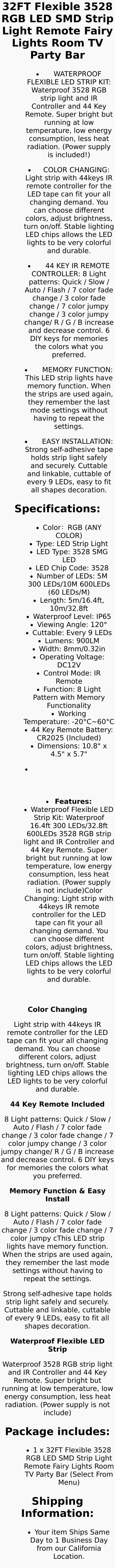 32FT LED SMD Strip Light Flexible 3528 RGB Remote Fairy Lights Room TV Party Bar