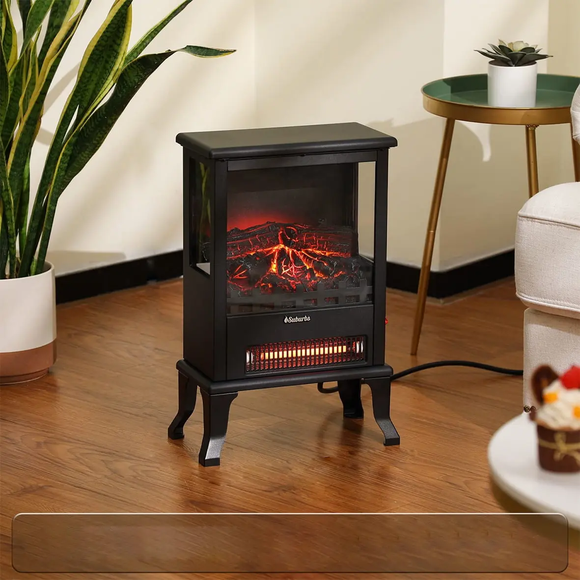 17 Inch Freestanding Electric Fireplace Stove, Cold Rolled Steel Plate & Tempered Glass,