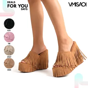 VIMISAOI Womens Wedge Fringe Platform Sandals Open Round Toe Wedge Slip On Fringe Boho Cowboy Style Tassel Comfortable Western Vintage Country Festival Wedding Outing Date Casual Vacation Walking Suede Slides Summer Dress Shoes Deals For You Days