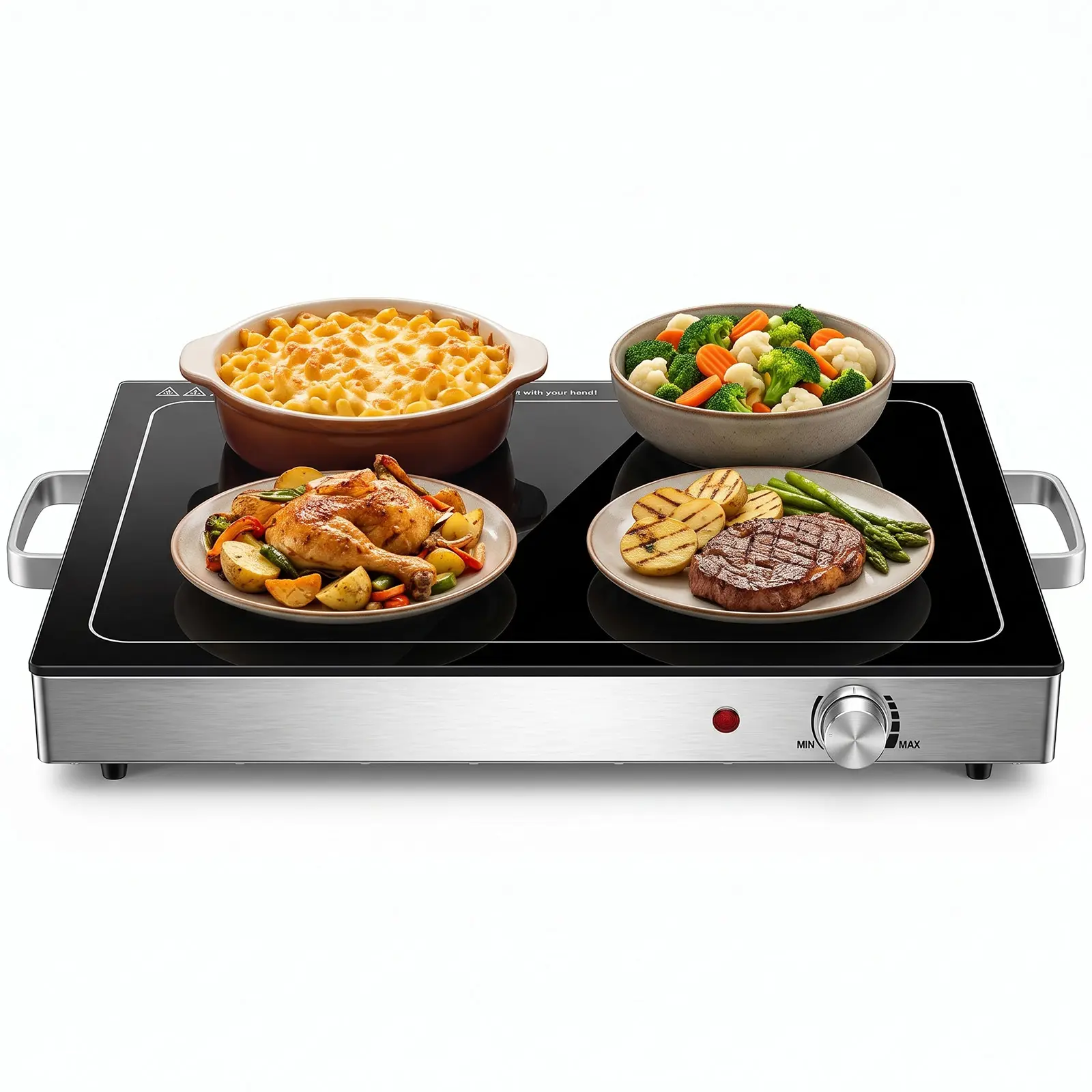 Rectangular Electric Warming Tray with Glass Top, 120V Plug, Adjustable Temperature Control, Fuse Safety Feature, Stay-Cool Side Handles, Easy-Clean Kitchen Hot Plate for Family Gatherings, Formal Events