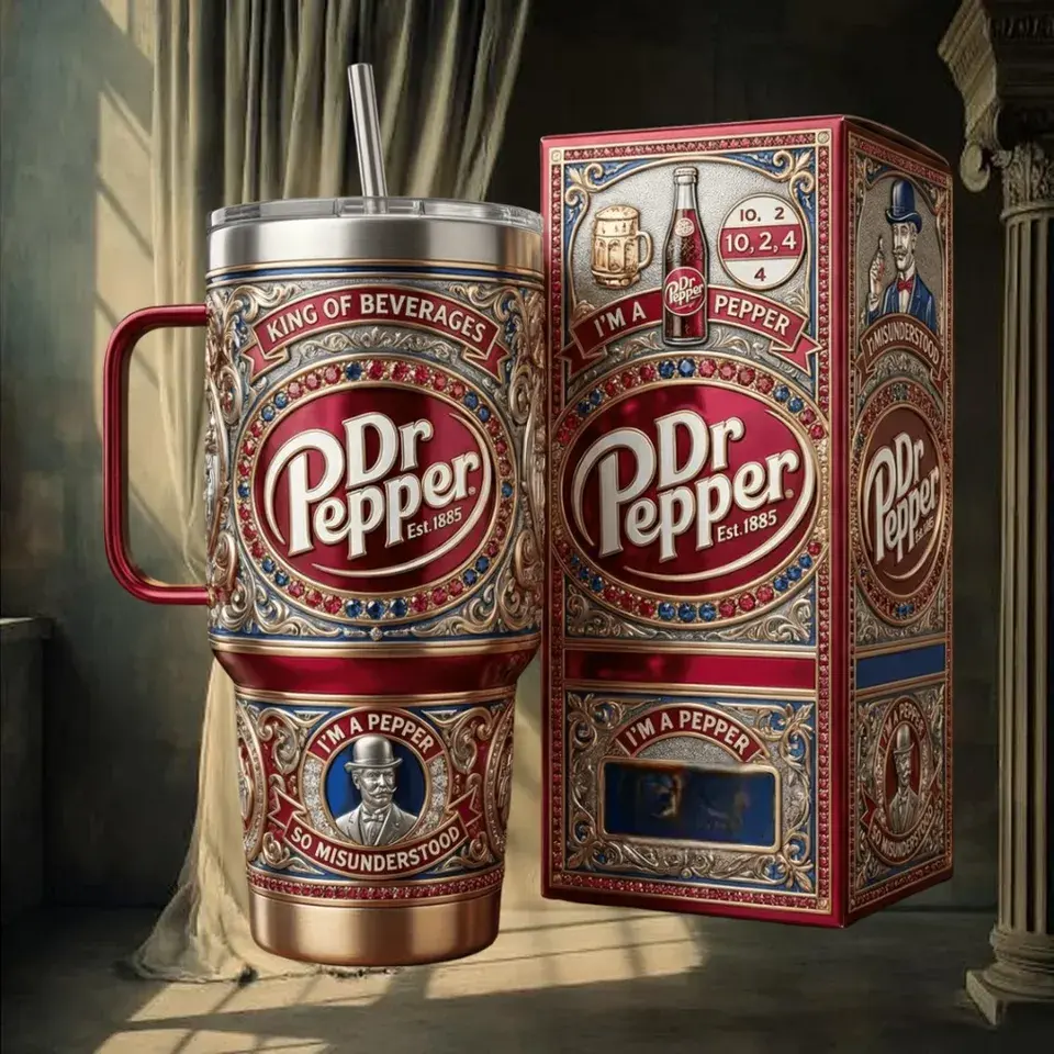 DrPepper King of Beverages Vintage Victorian Style Travel Mug Stainless Steel Insulated Cup DrPepper Soda Fan Halloween Gift for Her