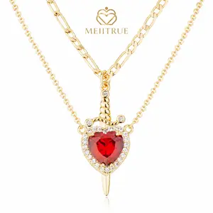 MEIITRUE 14K Gold Plated Heart Pendant Necklaces for Women Men, Zirconia Dagger Cross Pendant Necklace, Elegant Jewelry Gift for Couples,Mother's Day Gift