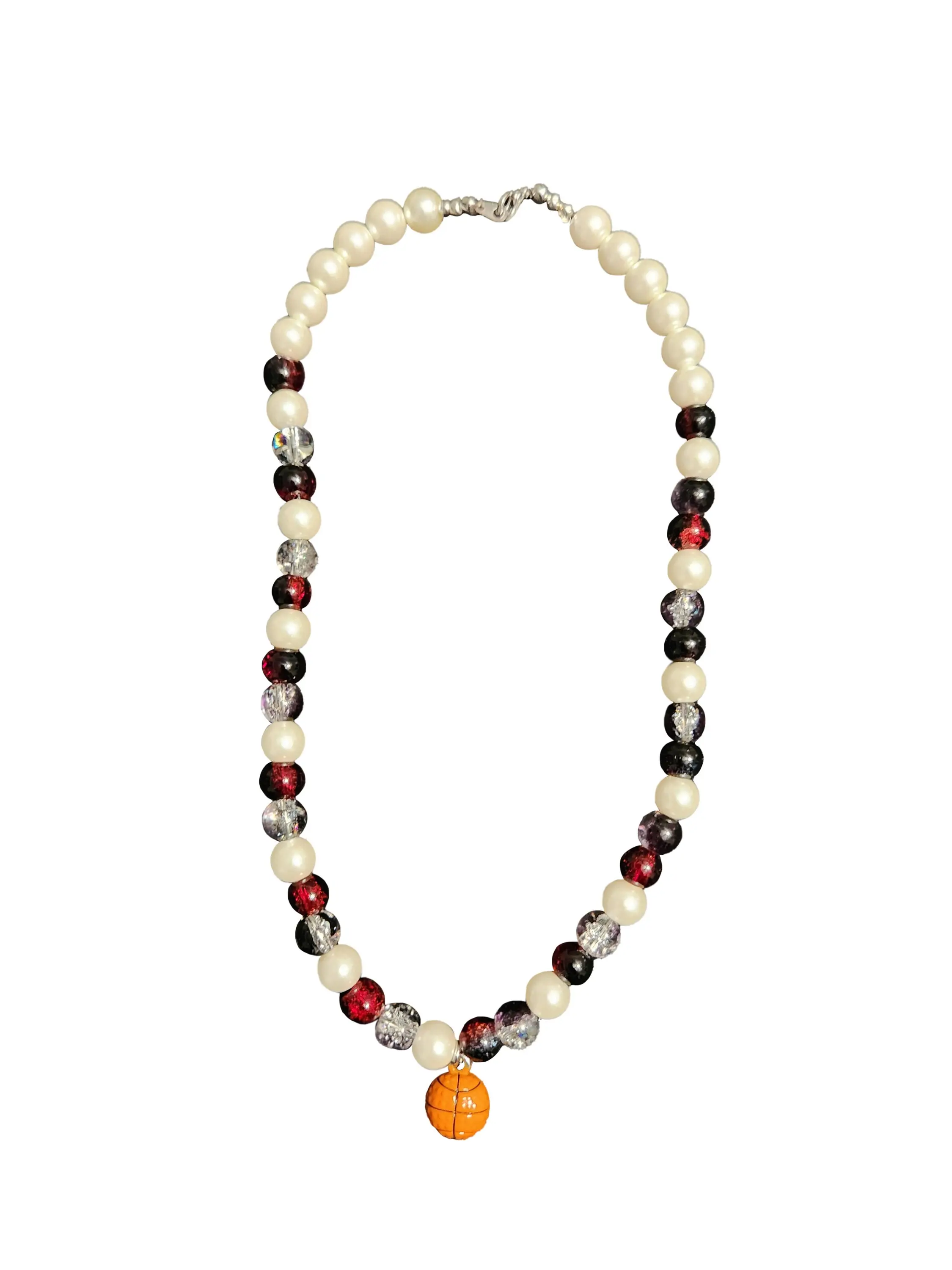 South Carolina Gamecock Beaded Pearl Necklace with a Basketball Charm | 8mm Pearl and Glass Beads | 16 Inch | Black, Garnet and Pearl Beads