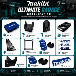 VilaMy Makita 18V Ultimate Garage Kit – Complete 3D Printed Tool Wall Organizer Bundle | Drill, Battery, Charger & Grinder Mounts + Storage System