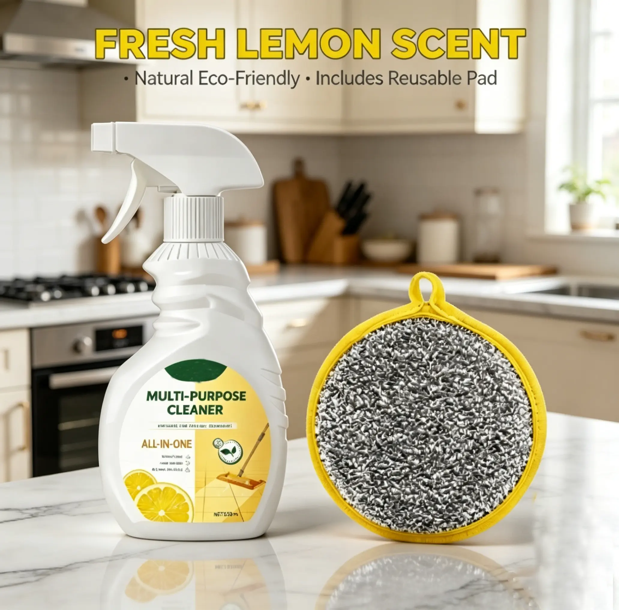 Multi-Purpose Cleaning Spray, Multi-Surface Kitchen Cleaning Spray, Fresh Lemon Scent. A powerful degreaser for countertops, stovetops, and floors. Eco-friendly formula. Includes a reusable cleaning pad.