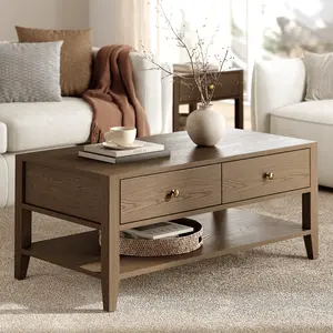 MODERNMATE ModernMate 42" Farmhouse Coffee Table with Drawers Solid Acacia Wood Walnut Finish for Living Room Home Office Minimalist Design Easy Assembly