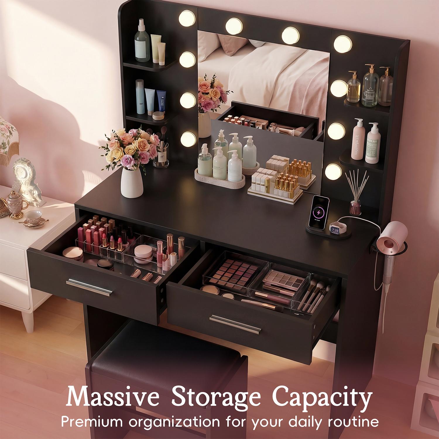 FURMAX Makeup Vanity Set with Lighted Mirror, Makeup Vanity with 2 Drawers, Vanity Desk with Chair for Bedroom & Dressing Room
