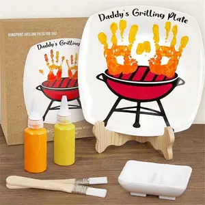 Father's Day Gift from Kids - DIY Handprint Grilling Plate for Dad - Personalized BBQ Craft Gift for Papa, Step Dad, First Time Dad - Funny Keepsake from Daughter or Son - Unique Custom Ceramic Plate for Grill Master Dad