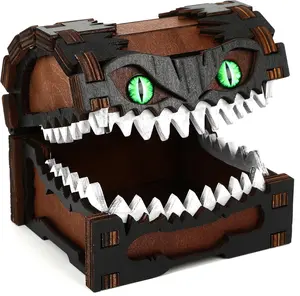 Grimjaw Wooden Monster Mimic Box - Durable Halloween Desk Decor with Glowing Green Eyes, Funny Storage Box for Tabletop RPG & Fantasy Fans, Home Organizer Gift for RPG Adventurers