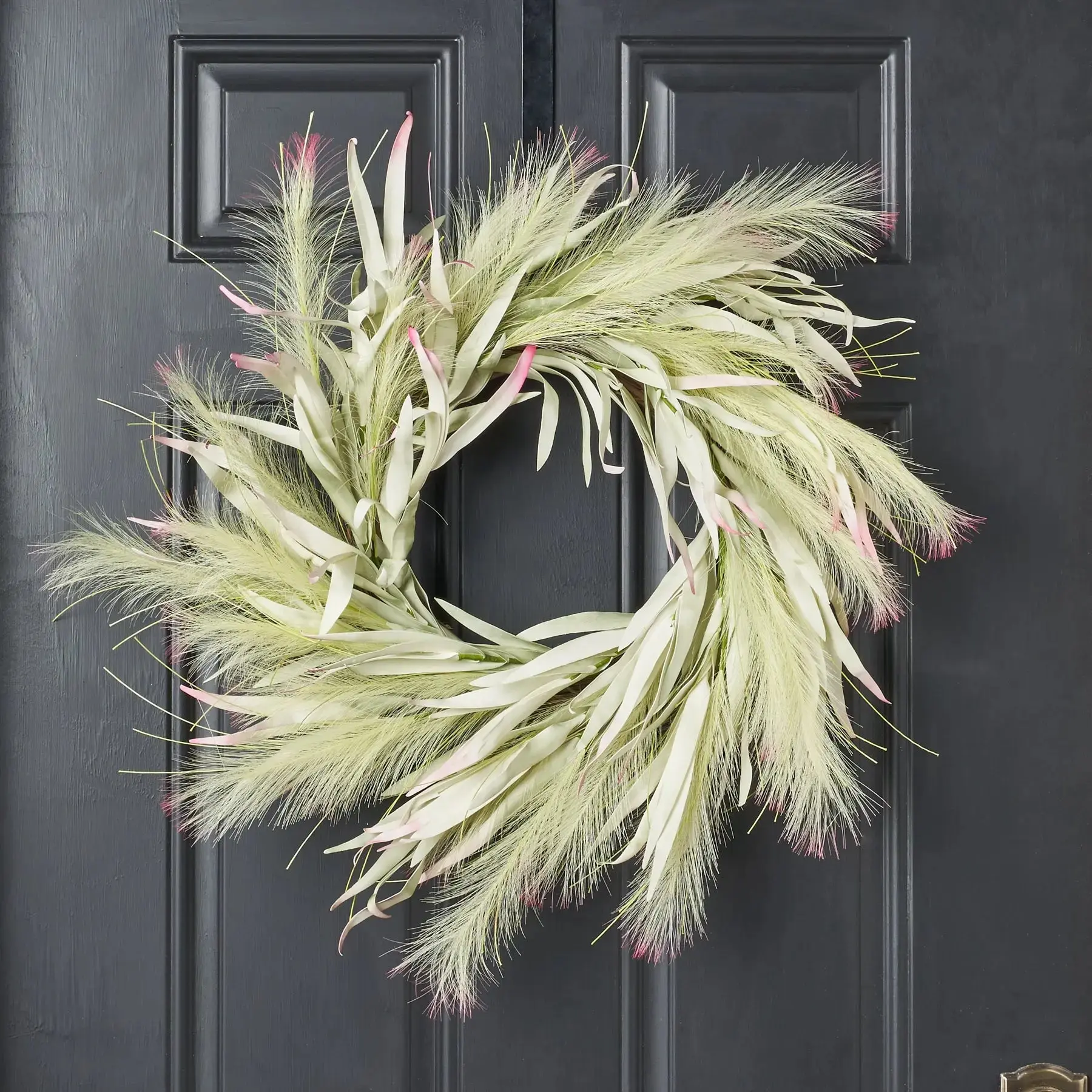 24" Diameter Imported Sage-Blush Pink Faux Seaside Pampas Grass Floral Wreath - 4" Deep Indoor Wall Hanging, Spring-Summer Home Decor, Holiday Gift (Faux Grass, May Need Fluffed Upon Arrival)