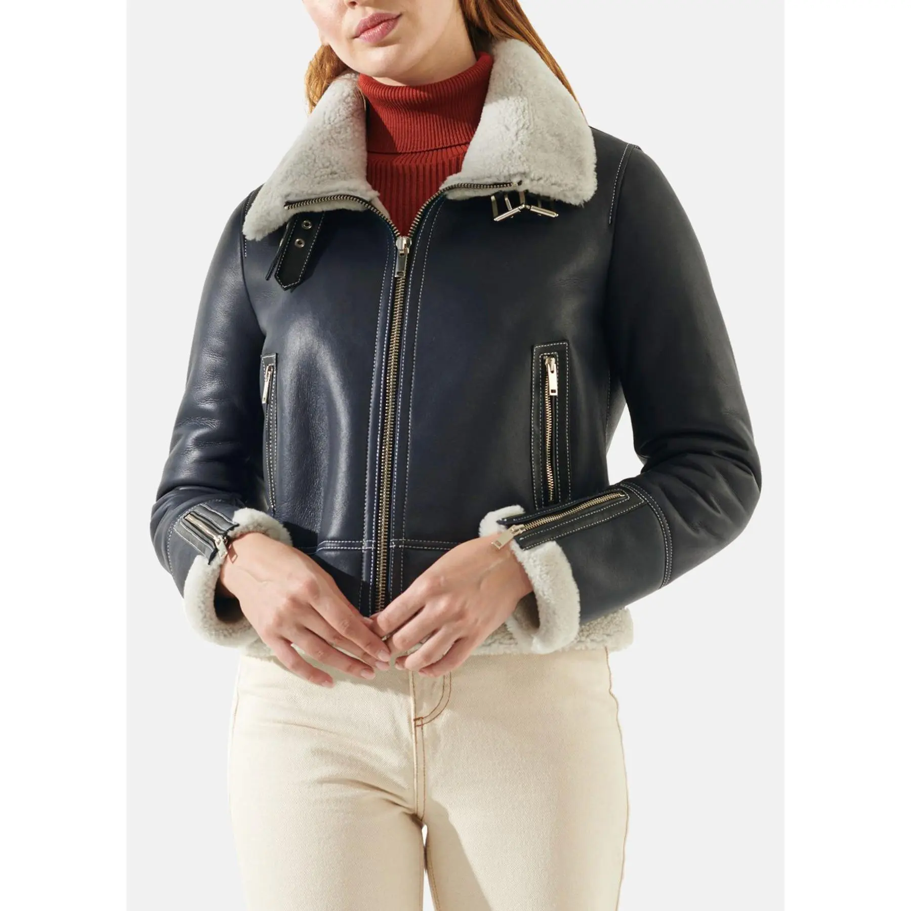 Womens Navy Blue Shearling Leather Jacket