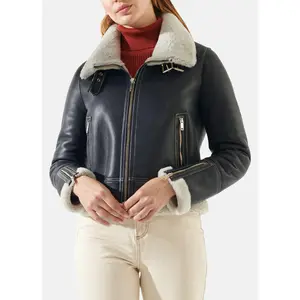 Womens Navy Blue Shearling Leather Jacket