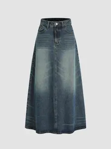 Denim Mid Waist Solid Pocket Maxi Skirt