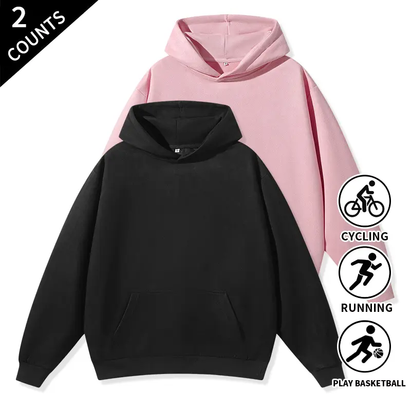 Men’s solid-color pullover hooded sweatshirt 2-pack, classic hooded sports top with kangaroo pocket, long-sleeve casual wear suitable for cycling, running, and basketball