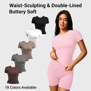 YEOREO Women Fitted Workout Tops Short Sleeve Double Lined Basic Y2K Going Out Crew Neck Compression Crop Top SpringStatements Style