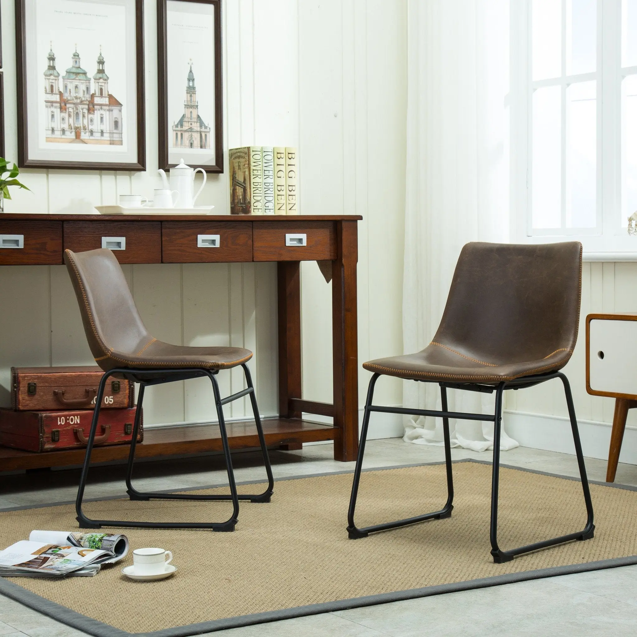 Lotusville Vintage PU Leather Dining Chairs, Antique Brown, Set of 2