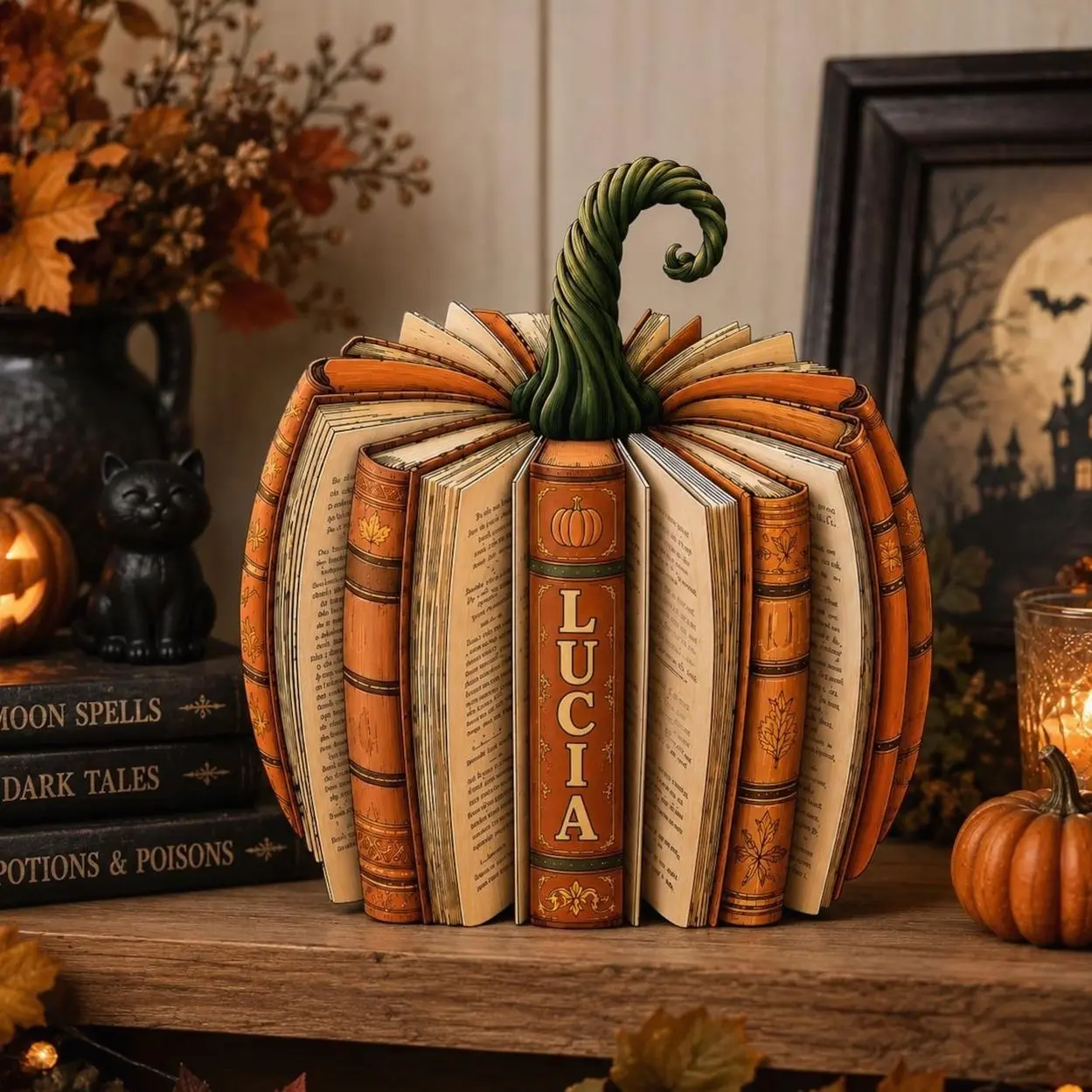 Personalized Pumpkin Book Wooden Block, Custom Halloween Book Decor, 2D Flat Bookish Pumpkin Sign, Fall Shelf Sitter, Fall Gift for Reader