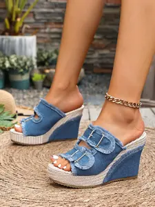 New Large Size Cowboy Boots Denim Belt Buckle Slip-On Sandals for Women, Summer Outdoor Casual Footwear, Comfortable and Stylish Design