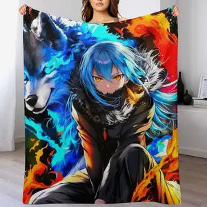That Time I Got Reincarnated as a Slime Rimuru Tempest Flannel Throw Blanket, Blue Haired Demon Lord Print Fleece Blanket, Cozy Warm Blanket for Anime Fans Bedroom Couch