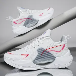 UYCEKK Men'S Lightweight Basketball Shoes - Slip-On/Lace-Up Closure, Cushioned Midsole & Non-Slip Rubber Outsole - All-Season Court, Gym, Running, Casual Sneakers - White/Pink Accent Sneakers for Basketball, Training, Casual Attire - Breathable Fabric Upp