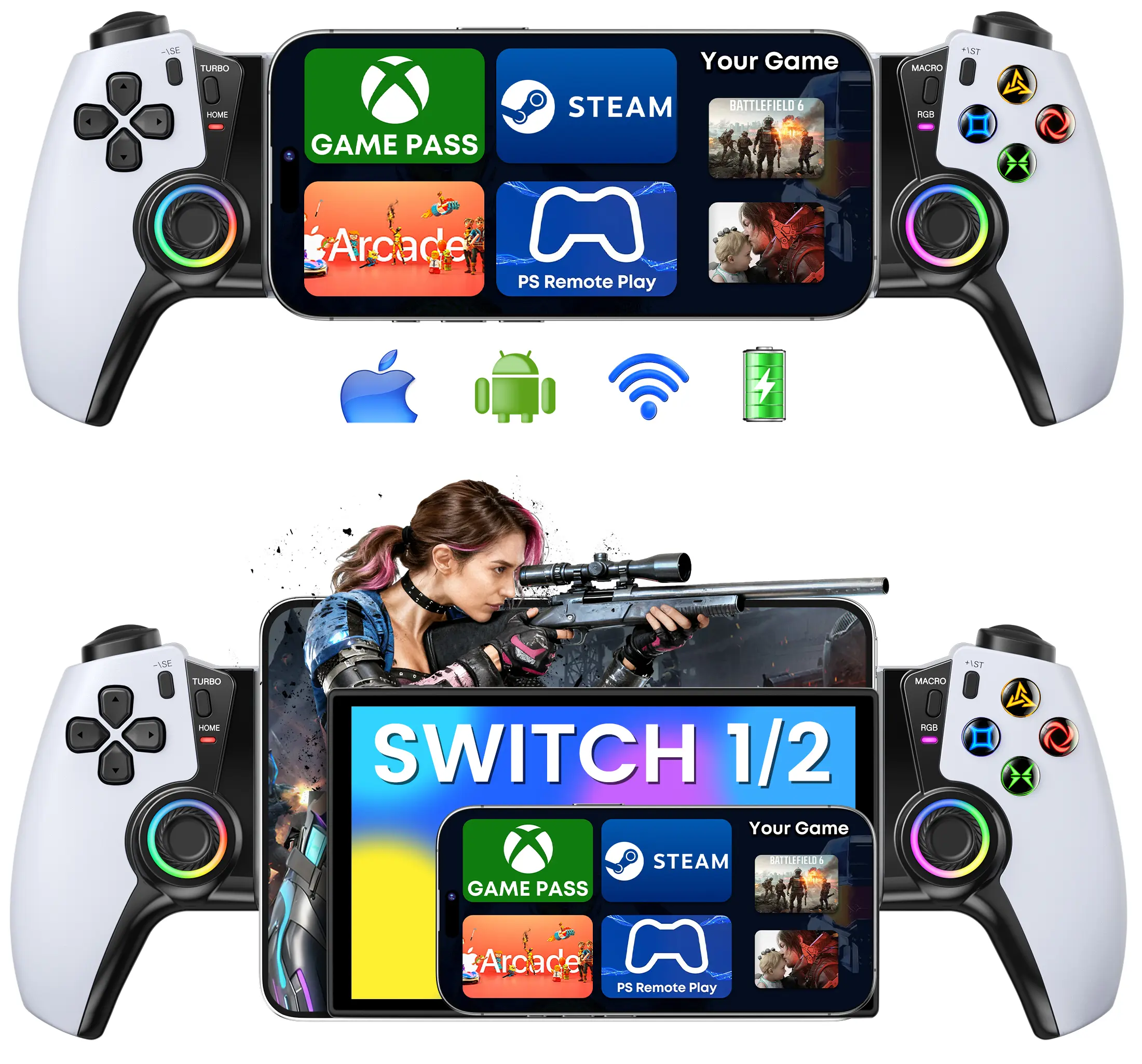 ESYWEN Stretch game controller MC50 is suitable for IOS and Android mobile device games, compatible with Switch/Switch OLED/Switch2 host, Hall effect rocker and Hall analog trigger button