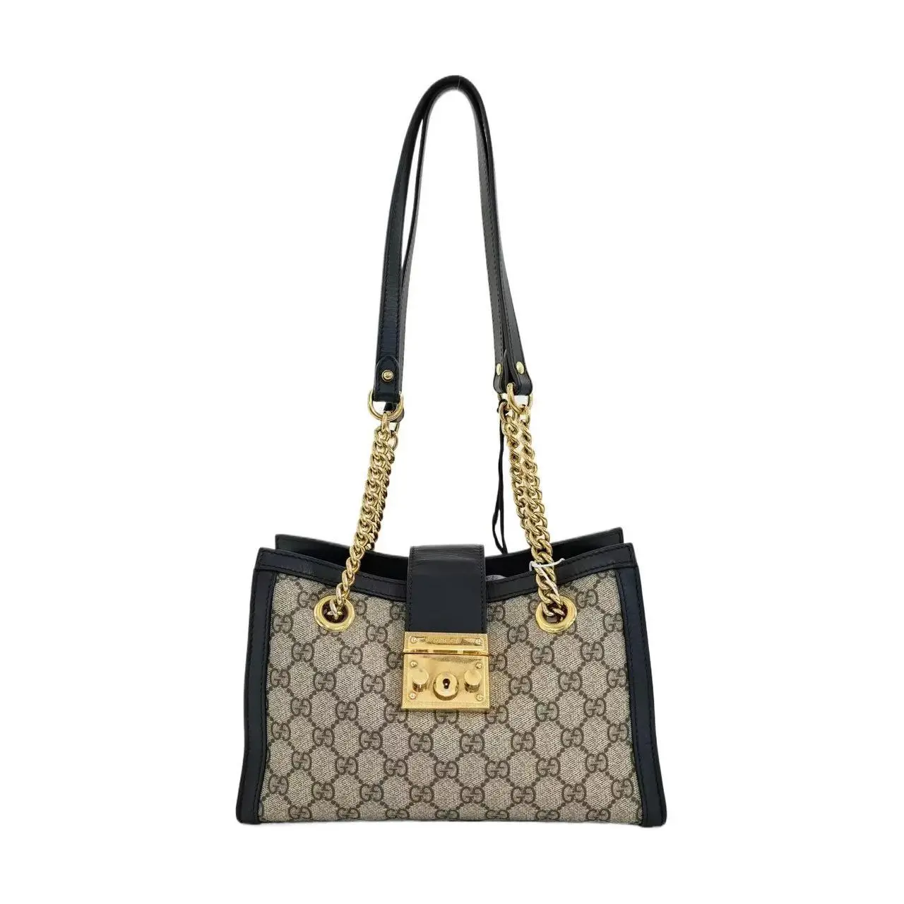 Pre-owned GUCCI canvas Shoulder Bags Padlock Small GG Supreme Black Leather Trim Gold Hardware calfskin