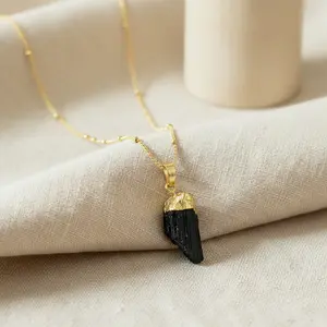 Raw Black Tourmaline | 14K Gold Beaded Satellite Gemstone Necklace
