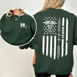 [Made in USA] RN Nurse Sweatshirt, Patriotic Nurse Flag Back Print Crewneck Pullover, RN Nurse Front Pocket Graphic Sweatshirt, Vintage Healthcare Worker Outfit, Nurses Week Gift For Women