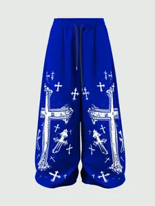 American Dark Cross Graffiti Wide Leg Sweatpants, Multi-Color Print, Drawstring Waist, Loose Fit, Casual Style, High Street Appeal