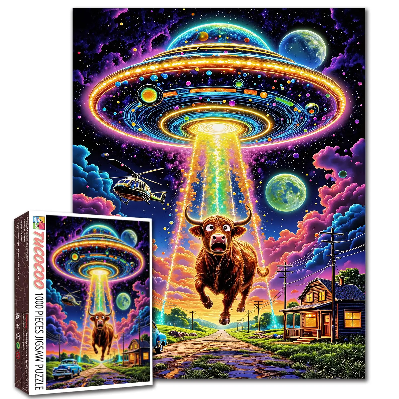 Tucocoo UFO Cow Abduction 1000 Pieces Jigsaw Puzzle for Adult, alien spaceship night sky art, funny farm scene, relaxing family game, stress relief brain exercise, challenging wall decor gift for adults seniors 27.5x20inch(70x50cm)