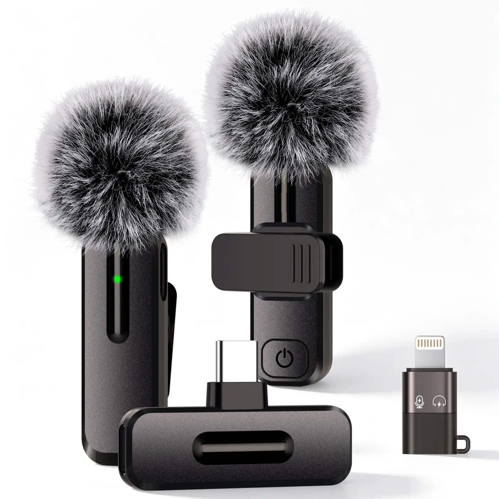 2 Pack Wireless Lavalier Microphone with 2.4GHz RF, Clip-On Lapel Mic with USB-C+Lightning Compatibility, Noise Cancelling for iOS&Android Live Streaming & Gaming Chat